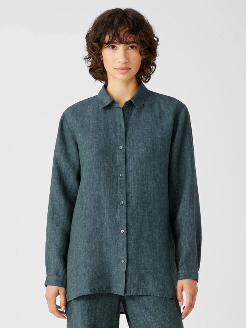 Eileen Fisher Washed Organic Linen Delave Classic Collar Shirt L